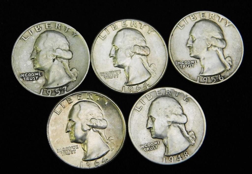 Lot of 5 Washington Quarters 90% Silver 1964 or Older (1 of 2)