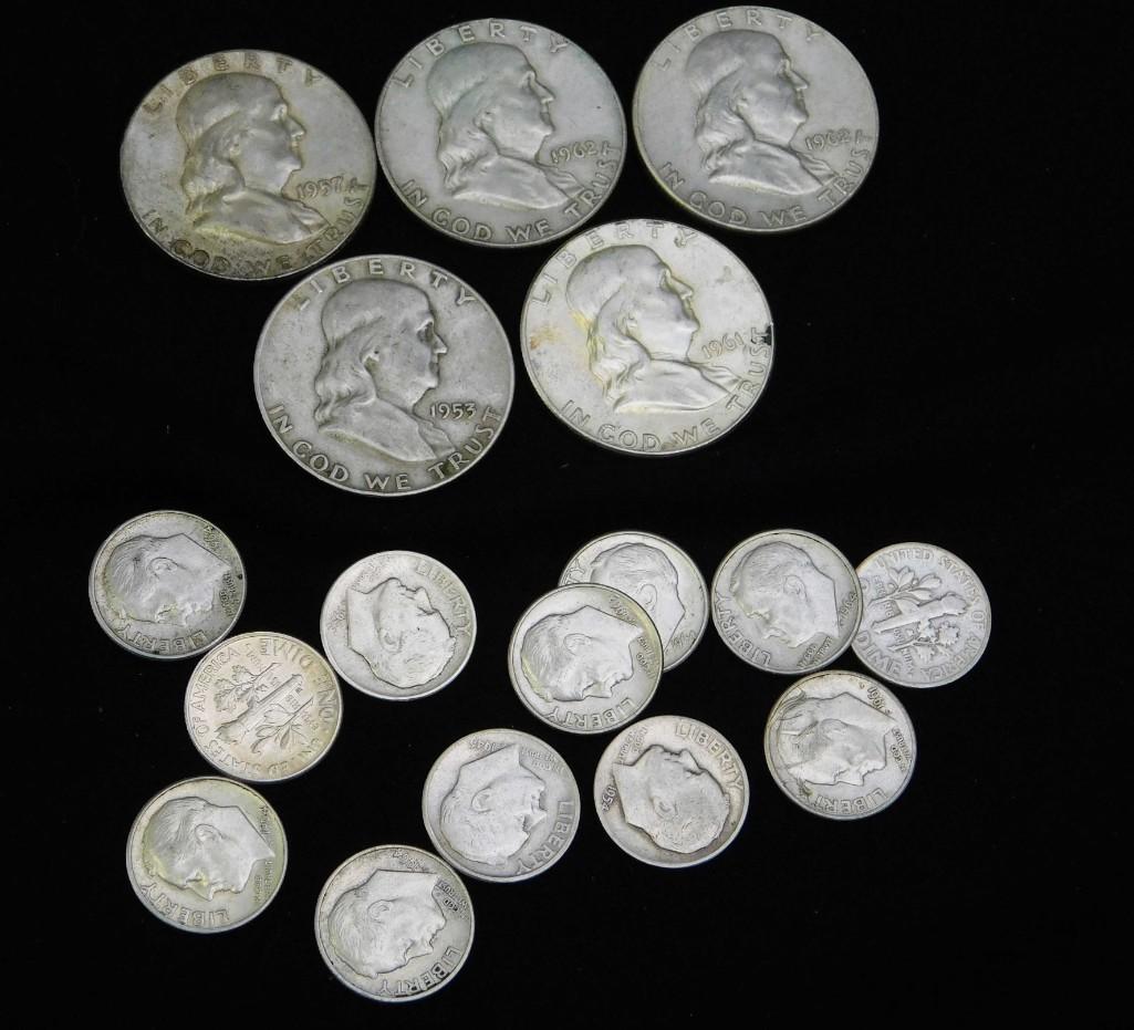 Coin Lot incl 5 Franklin Half Dollars and 12 Roosevelt (1 of 2)