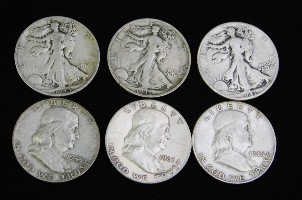 3 Walking Liberty Half Dollars and 3 Franklin Half (1 of 2)