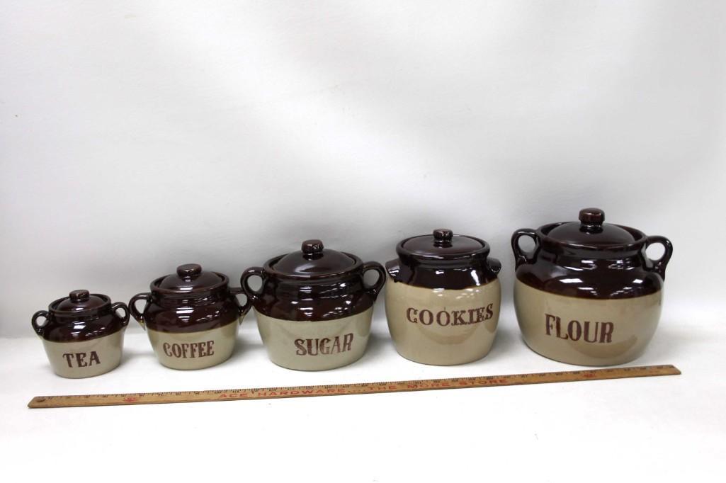 Set of Western Stoneware Bean Pot Style Canisters (1 of 6)