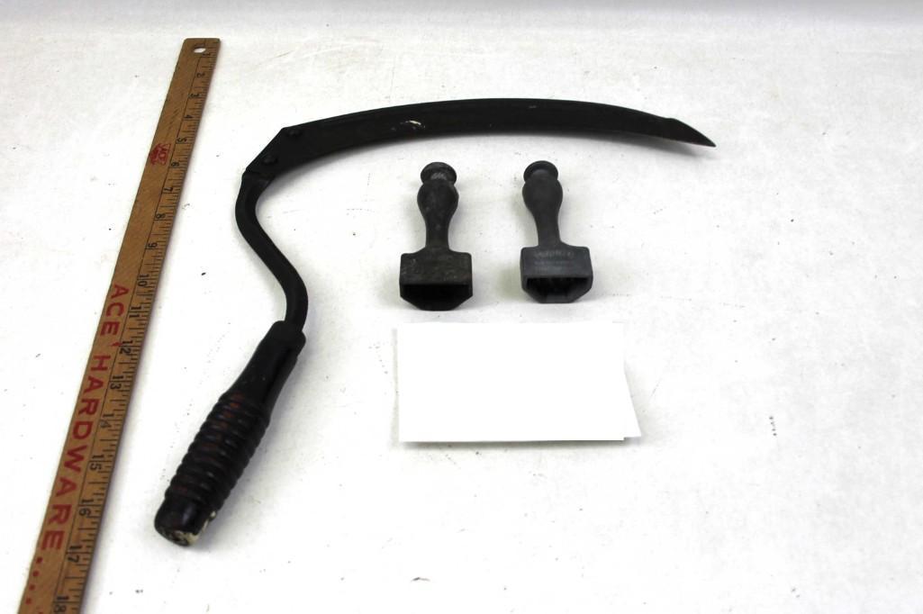 Vintage Sickle and 2 Vintage Chicken Marker / Tattoo: Vintage Sickle and 2 Vintage Chicken Marker / Tattoo Device Rare to find these