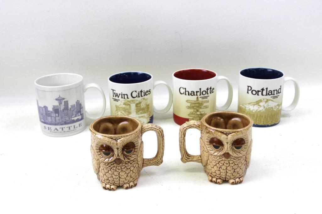 Lot of Starbucks Mugs and Vintage Owl Mugs: Lot of Starbucks Mugs including Seattle , Twin Cities , Charlotte , Portland plus 2 Vintage Owl Mugs