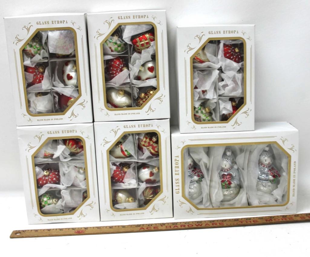 Lot of 6 Boxes of Glass Europa Christmas Ornaments: Lot of 6 Boxes of Glass Europa Christmas Ornaments Hand Made in Poland