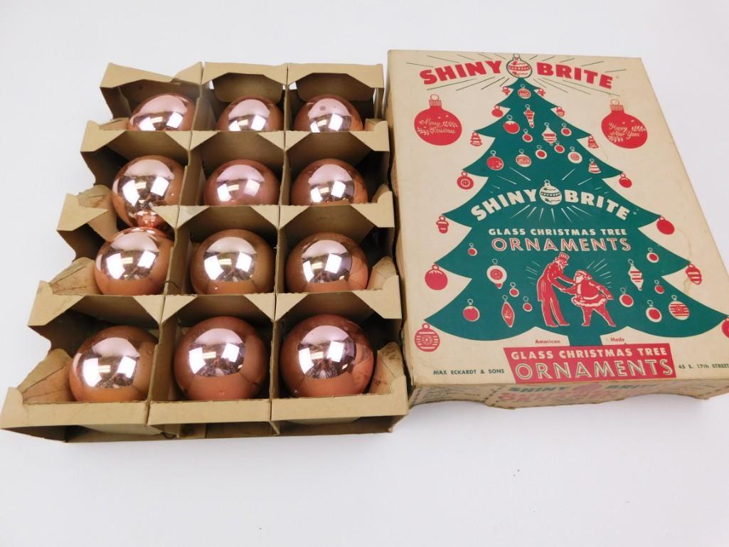 Pink Shiny Brite Mercury Glass Christmas Ornaments in: Vintage Pink Shiny Brite Mercury Glass Christmas Ornaments in Original Box Please Note: This item will have sales tax if picked up or delivered within Illinois unless you have an Illinois sales t