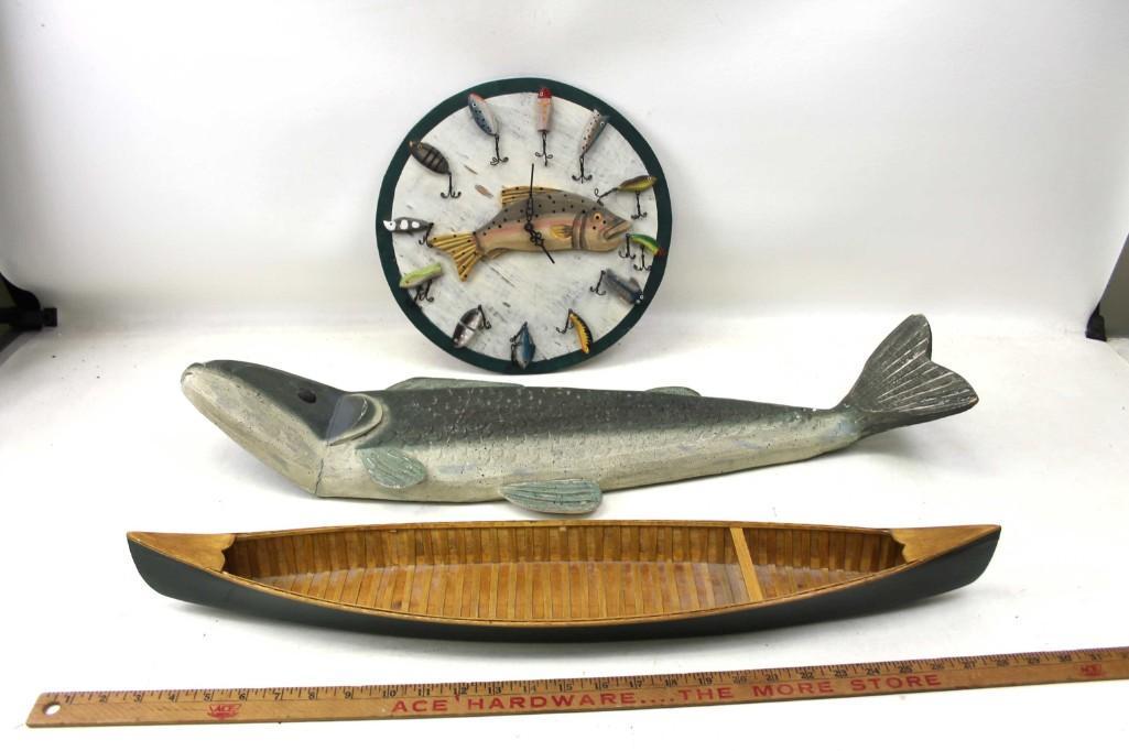 Cabin Decor Lot incl Fish Clock , Canoe Decor , Fish: Cabin Decor Lot incl Fishing Clock , Wood Canoe Decor , Wooden Fish Wall Hanging