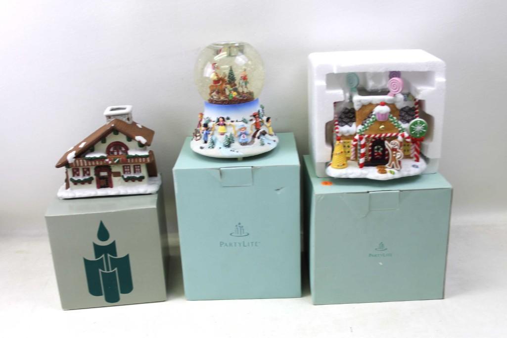 Lot of Christmas Decor incl Gingerbread House , Snow: Lot of Christmas Decor incl Gingerbread House , Party Lite Snow Globe , Village House