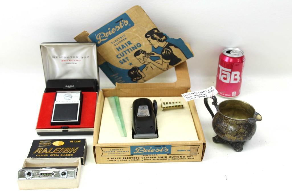 Vintage Lot incl Raleigh Opera Glasses , Priests Hair: Vintage Lot including Raleigh Opera Glasses , Priests Hair Cutting Set , Wm Rogers Creamer , Remington Shaver