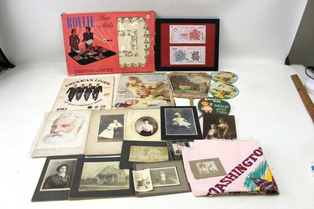 Lot of Photos and Ephemera incl Advertising Fan: Lot of Photos and Ephemera incl Vintage Advertising Fan for Raggedy Ann Foods