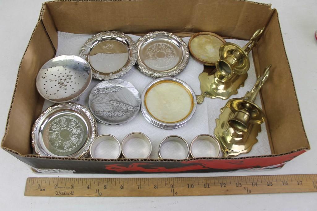 Lot of Metalware incl Coasters , Brass Candleholders ,: Lot of Metalware incl Coasters , Brass Candleholders , Etc
