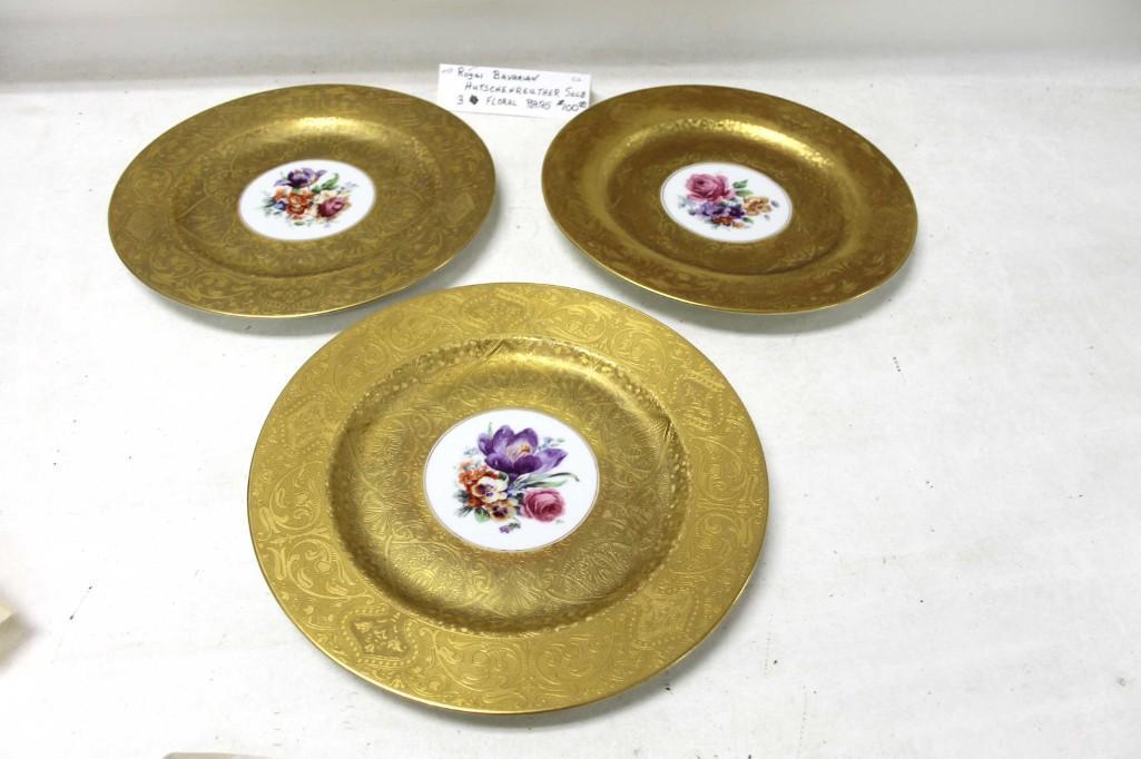 3 Royal Bavarian Hutschenreuther Selb Plates with Gold: 3 Royal Bavarian Hutschenreuther Selb Plates with Gold Gilt and Floral Design Please Note: This item will have sales tax if picked up or delivered within Illinois unless you have an Illinois sales tax