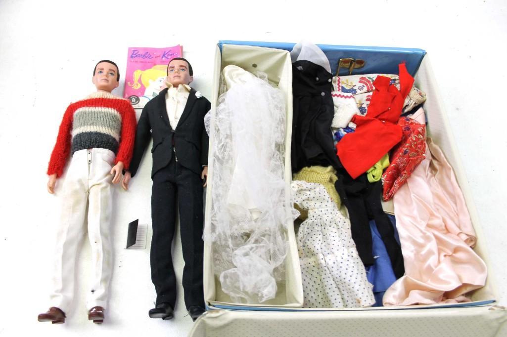 2 Vintage 1962 Ken Dolls w Dark Flocked Hair w Some: Lot of 2 Vintage 1962 Ken Dolls w Dark Flocked Hair w Some Tagged Barbie Outfits and a Blue Barbie Case Condition: Arms are a bit loose
