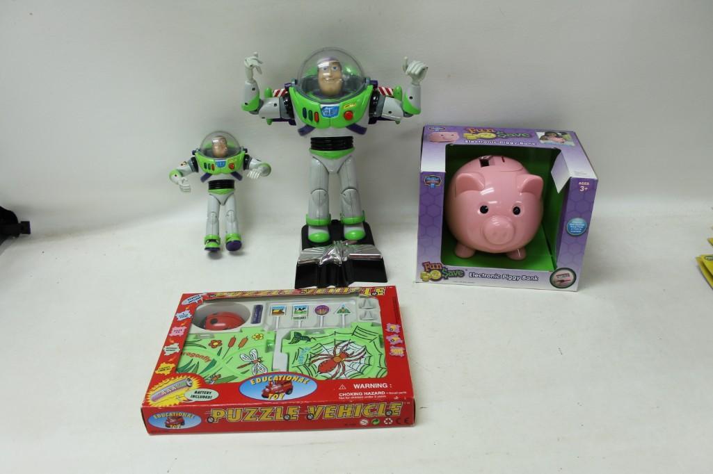 Toy Lot with 2 Buzz Lightyears, Electronic Piggy Bank: Toy Lot with 2 Buzz Lightyears, Electronic Piggy Bank and Ladybug Puzzle Vehicle
