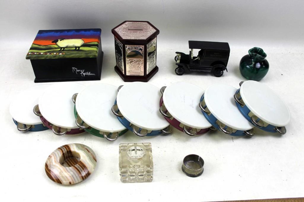 Misc Lot incl Ink Well , Coin Bank , Tambourines , (1 of 8)