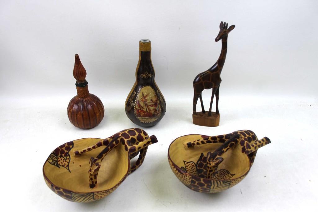 Home Decor Lot incl Carved Wood Giraffe Bowls , Bottles (1 of 7)