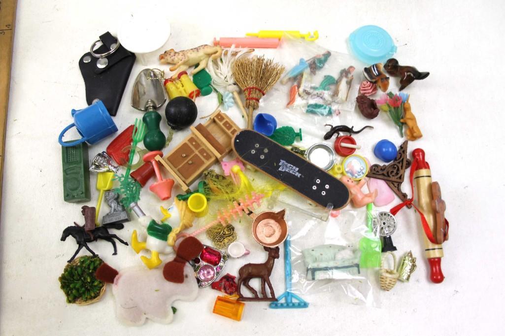 Lot of Small Toys incl Dollhouse Accessories , Etc: Lot of Collectible Small Toys incl Dollhouse Furniture and Accessories , a Finger Skateboard, etc