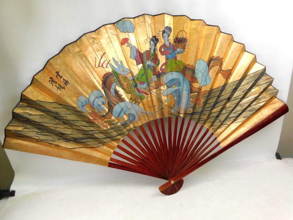 Large Wall Decor Hand Painted Fan Asian Design (1 of 4)