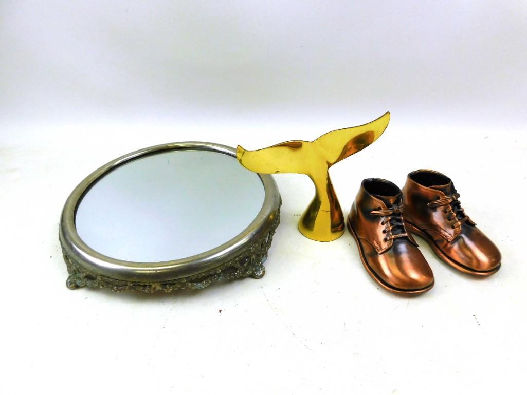 Collectible Lot incl Brass Whale Tale , Dresser Mirror: Collectible Lot incl Brass Whale Tale , Dresser Mirror , Bronzed Baby Shoes