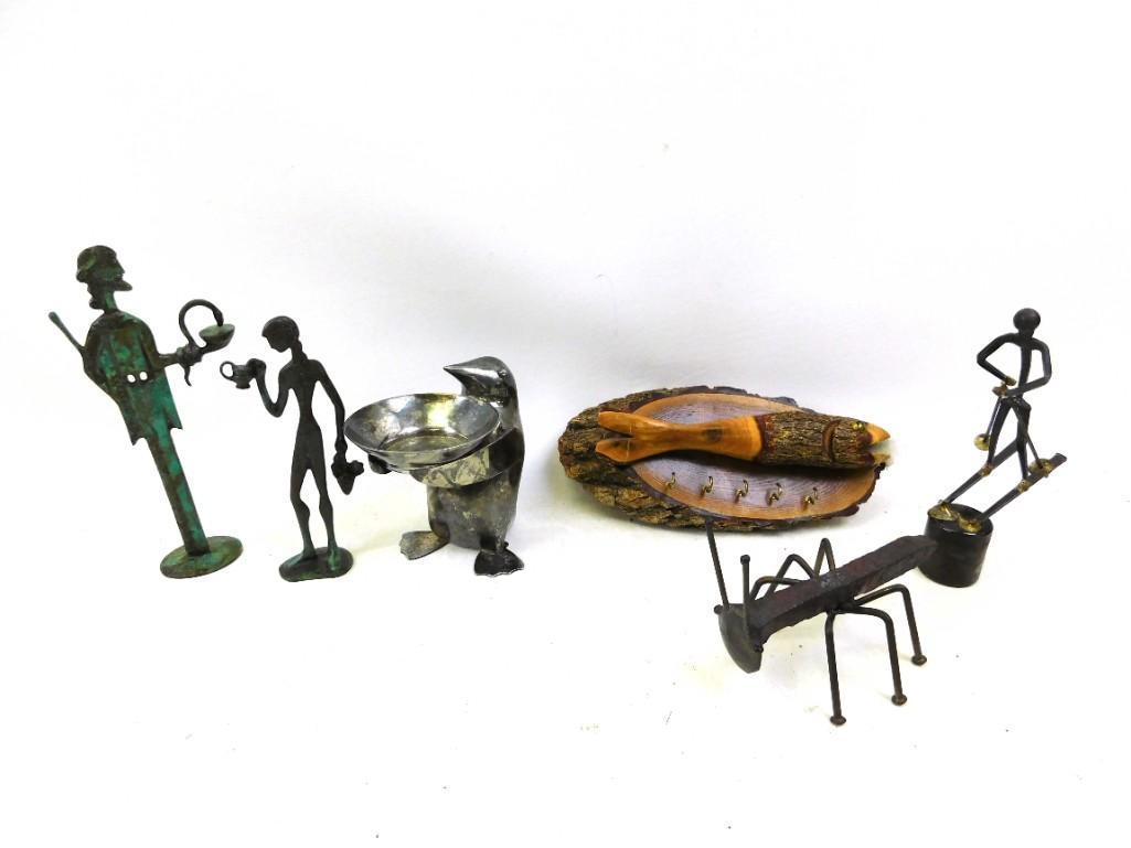 Lot of Metal Sculptures plus a Wooden Fish Key Rack: Lot of Metal Sculptures including a skier , 2 people , a cricket , a penguin , plus a Wooden Fish Key Rack