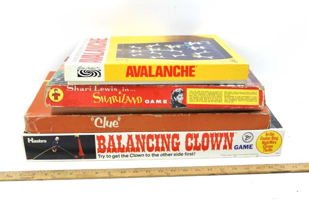 Lot of Vintage Board Games incl Avalanche , Shariland ,: Lot of Vintage Board Games incl Avalanche , Shariland , Balancing Clown , Clue Condition: Not checked for Completeness