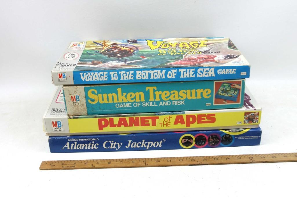 Lot of Vintage Board Games incl Sunken Treasure, Planet: Lot of Vintage Board Games incl Sunken Treasure, Planet of the Apes , Voyage to the Bottom of the Sea , and Atlantic City Jackpot Condition: Unchecked for completeness