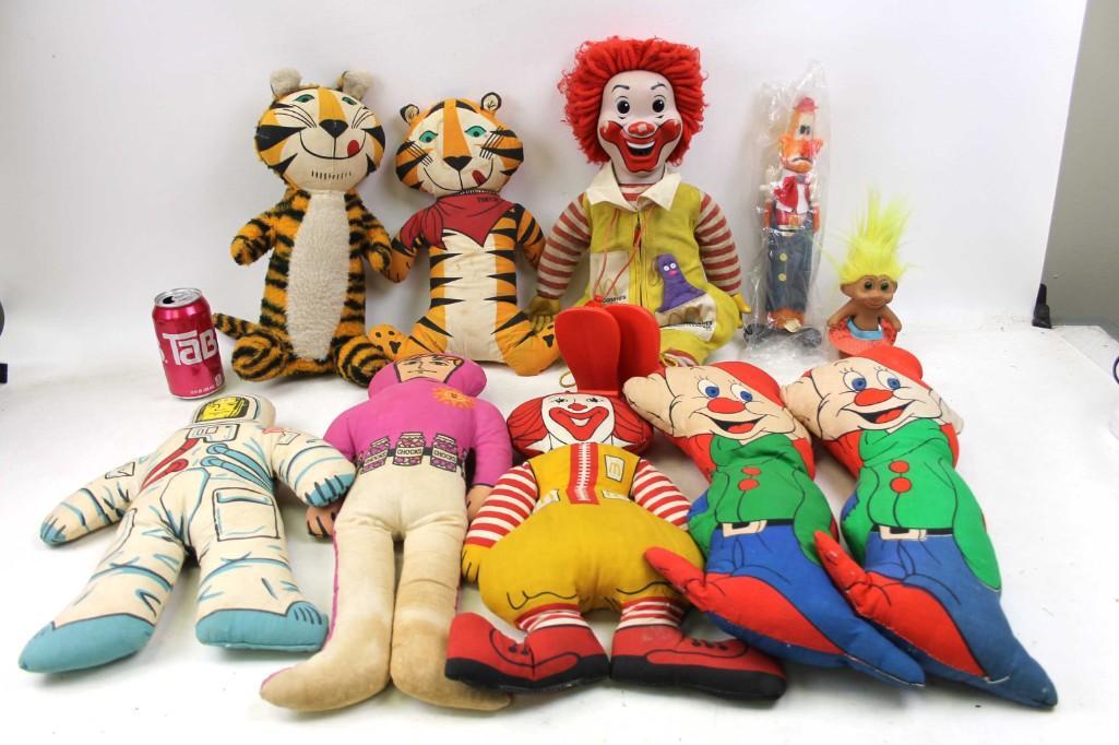 Lot of Vintage Plush incl Kelloggs Tony the Tiger ,: Lot of Vintage Mid Century Plush incl 2 Kellogg's Tony the Tiger , 2 Astronauts , 2 Ronald McDonalds , 2 Dopey from Snow White and the Seven Dwarfs , Troll Doll , Sad Clown