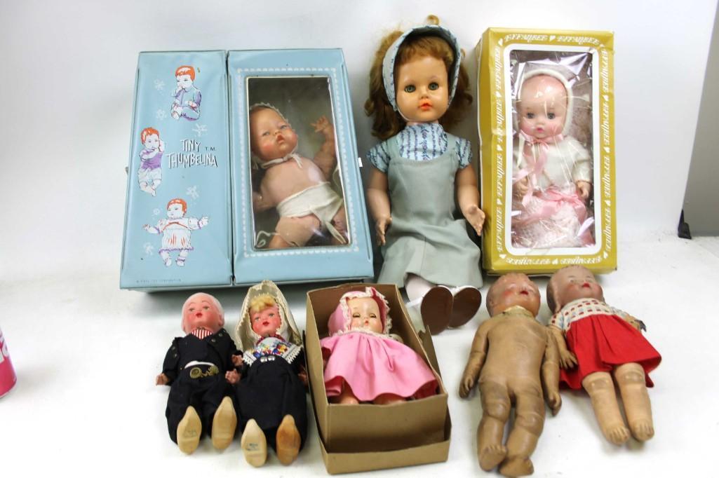 Lot of Dolls incl Ideal Tiny Thumbelina , 2 Magicskin: Lot of Dolls incl Ideal Tiny Thumbelina in poor condition with case , 2 Magicskin Dolls in poor condition , Composition Baby with box , Holland Dolls Condition: Tiny Thumbelina and the