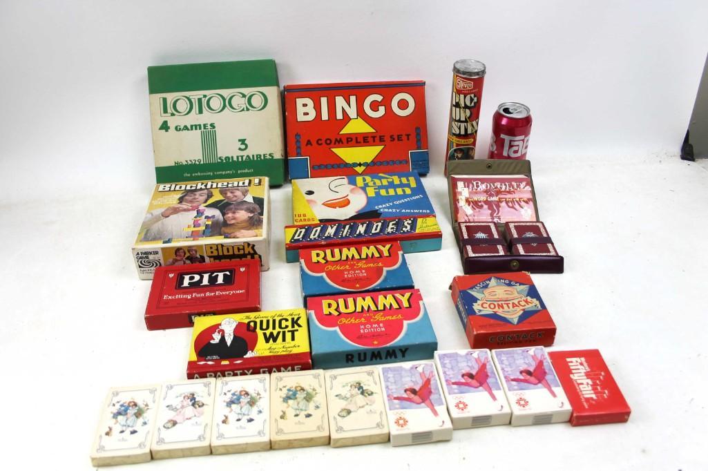 Lot of Vintage Games: Lot of Vintage Games including Lotogo , Bingo , Pit , Rummy , Party Fun , Blockhead , Quick Wit , Contack , Dominoes , Pic Up Stix , etc Condition: not checked for completeness