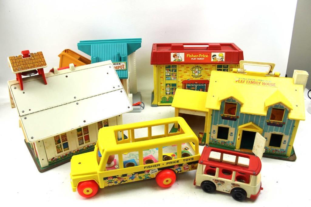 Lot of Vintage Fisher Price Toys incl Lift and Load: Lot of Vintage Fisher Price Toys including the Lift and Load Depot , Play Family , School House , Buses
