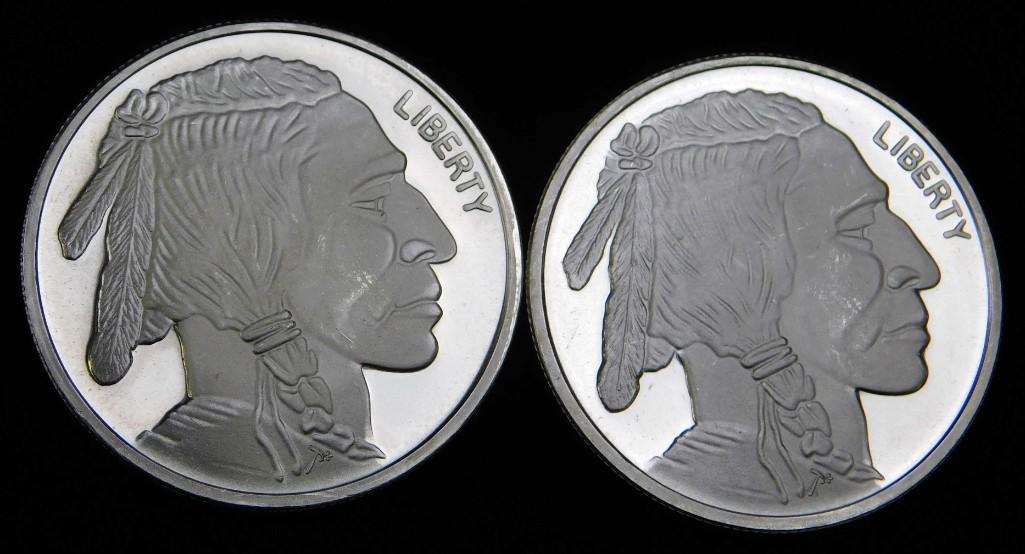 Lot of 2 BU Indian Head Buffalo Silver Rounds: Lot of 2 Brilliant Uncirculated Indian Head Buffalo Silver Rounds . Each is 1 ounce of .999 fine silver for a total of 2 ounces