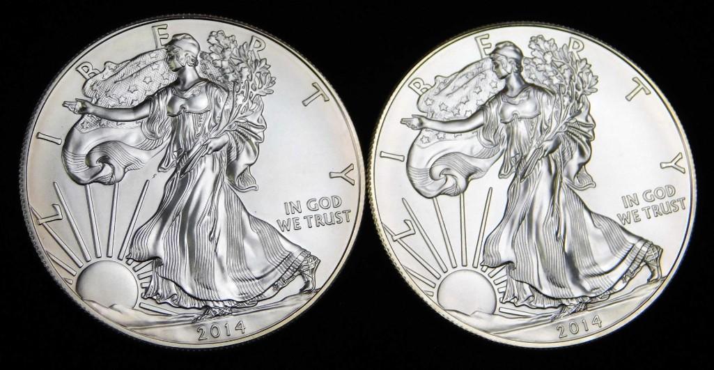 2 BU 2014 American Silver Eagle Coins: Lot of 2 Brilliant Uncirculated 2014 American Silver Eagle Coins , Each is 1 oz of fine silver for a total of 2 ounces