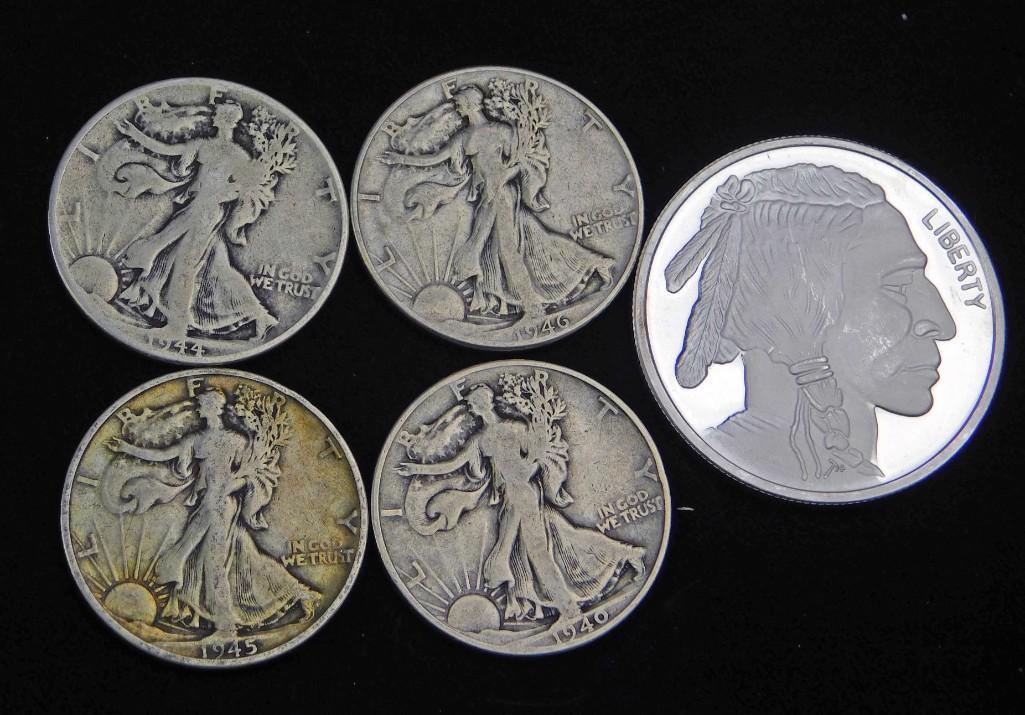 Coin Lot incl BU Indian Head Buffalo Silver Round & 4: Coin Lot incl Brilliant Uncirculated Indian Head Buffalo 1 oz Silver Round & 4 Walking Liberty Half Dollars