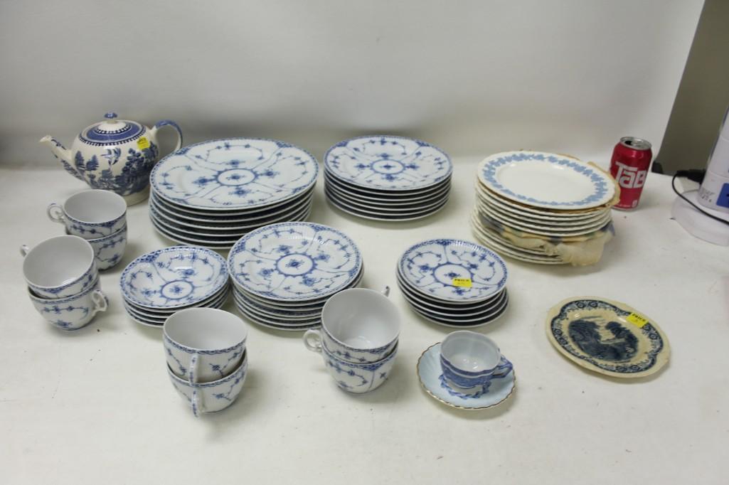 Large Lot of Blue Fjord and Wedgwood Embossed Queens: Large Lot of Blue Fjord and Wedgwood Embossed Queens Ware # 3258 Includes tea cups, saucers, plates, tea kettle. May include some other patterns as well.