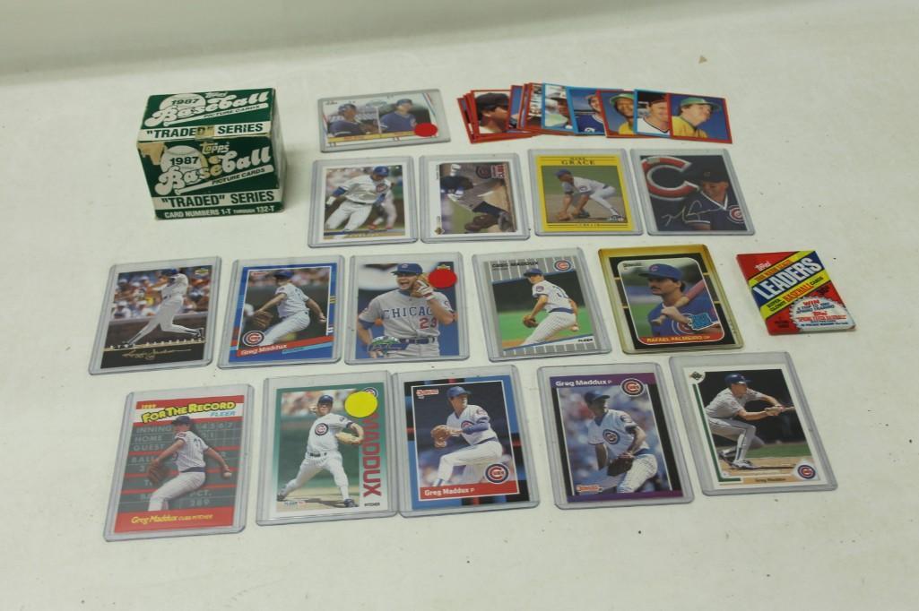 Lot of Baseball Cards including Greg Maddux, Mark: Lot of Baseball Cards including Greg Maddux, Mark Grace, Rafael Palmeiro Chicago Cubs, etc. Looks like 1980's cars including Topps 1987 box, Topps 1988 leaders 