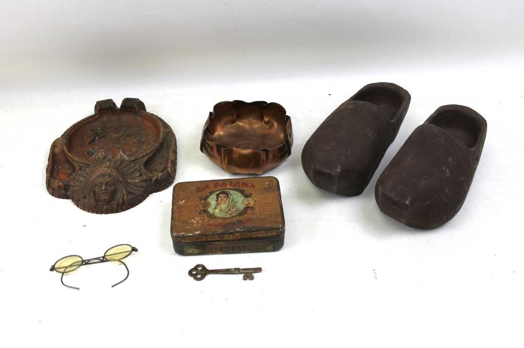 Vintage Lot incl Eyeglasses , Tin , Trinket Dishes ,: Vintage Lot incl Eyeglasses , Tin , Trinket Dishes , Wooden Clogs
