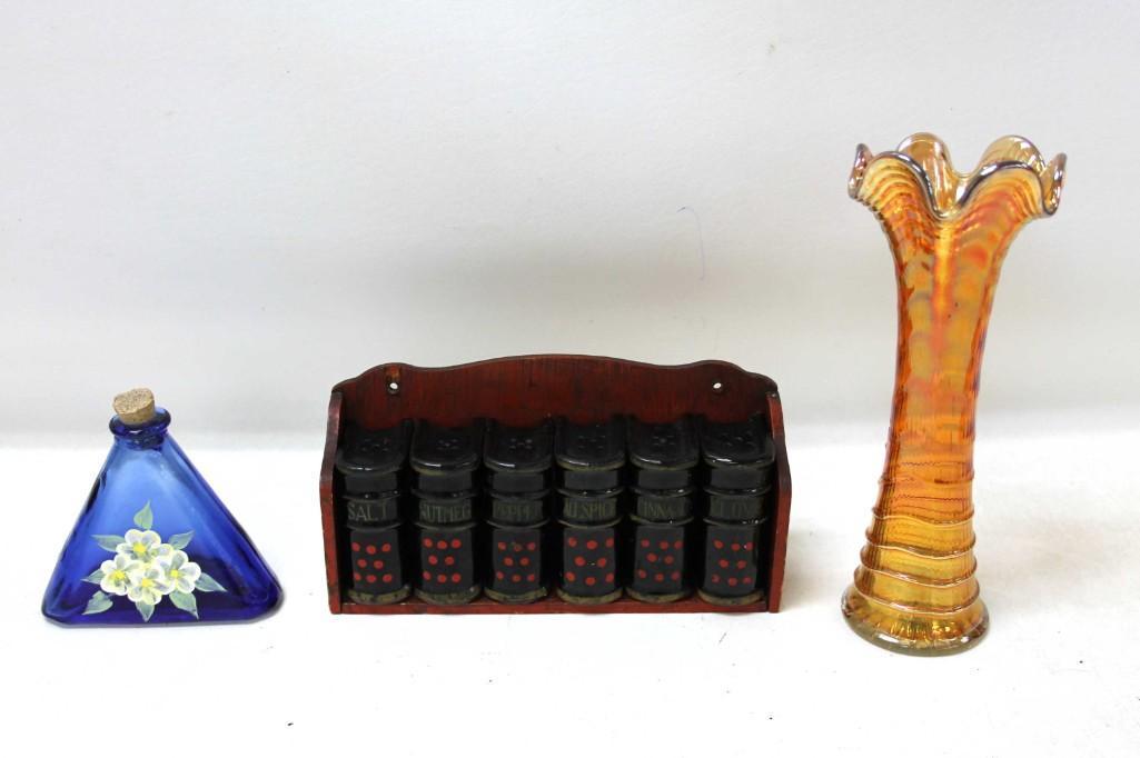 Vintage Imperial Ripple Carnival Glass Vase plus Spice: Vintage Imperial Ripple Carnival Glass Vase in Marigold plus Spice Set and Cobalt Blue Glass Bottle in a triangle shape with hand painted floral design