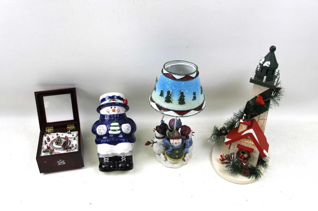 Lot of Christmas Decor incl Music Box, Snowman Lamp , (1 of 5)