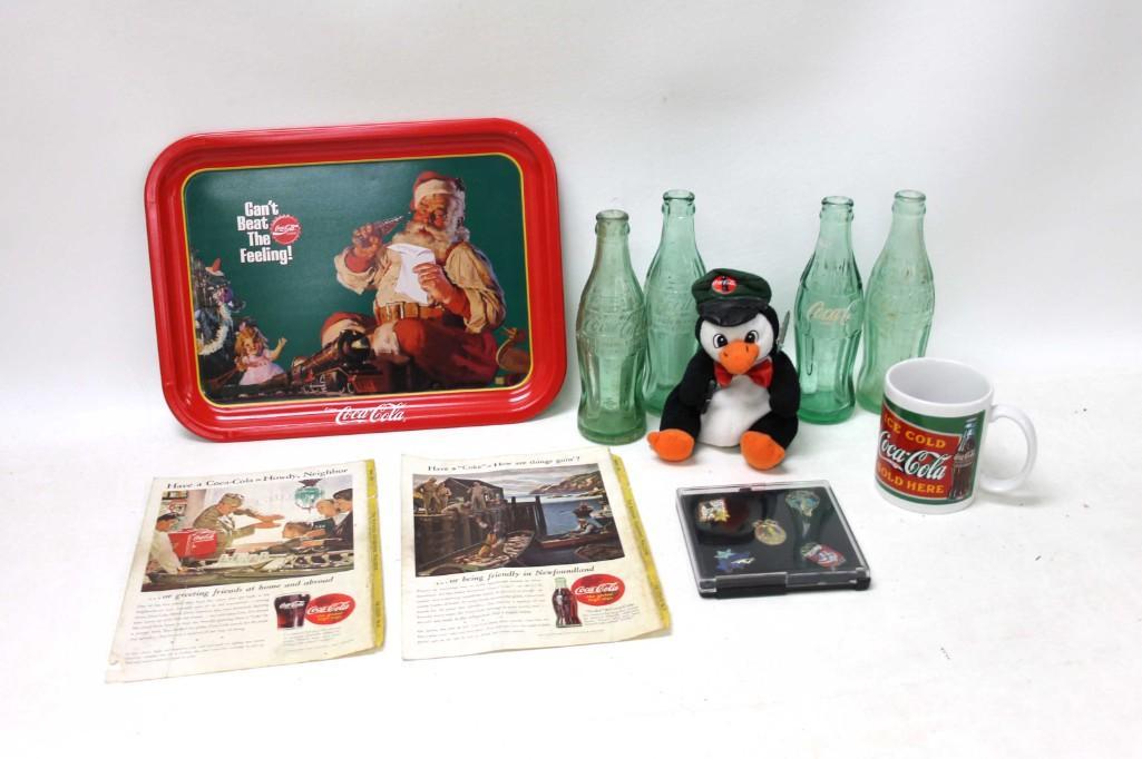 Lot of Coca Cola Memorabilia incl Ads , Metal Tray ,: Lot of Coca Cola Memorabilia incl Ads , Metal Tray , Penguin , Bottles , Mug , Olympic Pins