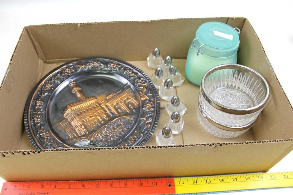 Misc Lot incl Salt and Pepper Shakers , Metal Plate , (1 of 3)