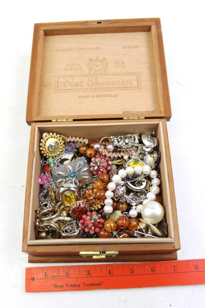 Cigar Box Filled with Costume Jewelry: Wooden Cigar Box Filled with Costume Jewelry