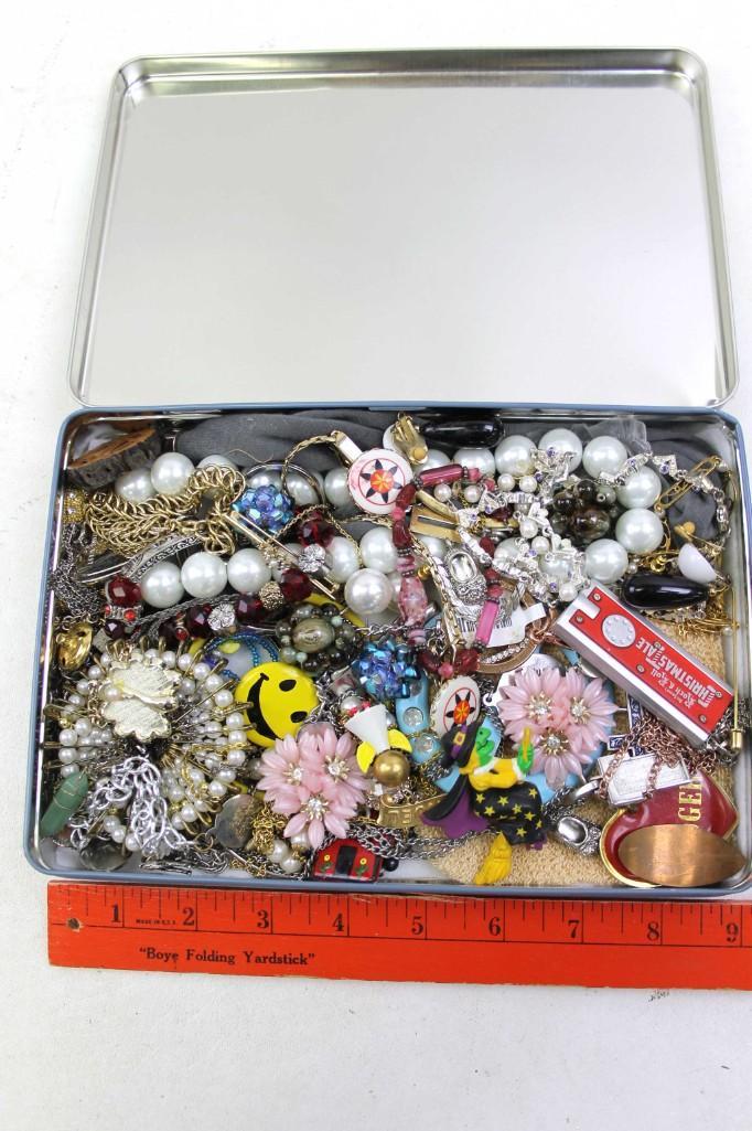 Tin of Costume Jewelry and Smalls: Candy Tin of Costume Jewelry and Smalls