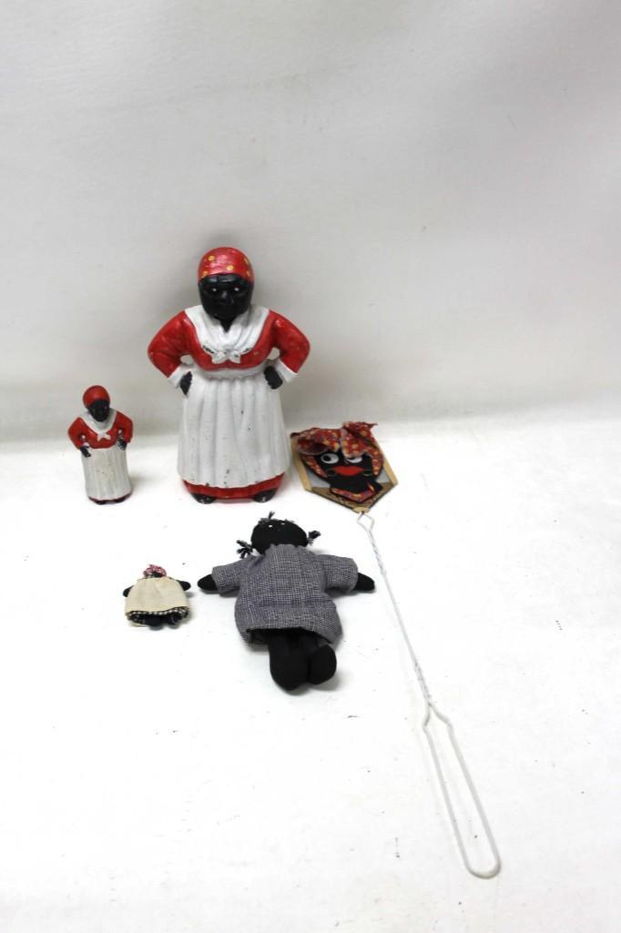 Lot of Vintage Black Americana incl Cast Iron Door Stop: Lot of Vintage Black Americana incl Cast Iron Door Stop , Dolls , 1940s Twisted Wire Handle Fly Swatter , Etc