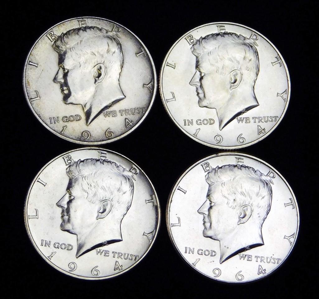 4 AU 1964 Kennedy Half Dollars 90% Silver (1 of 2)