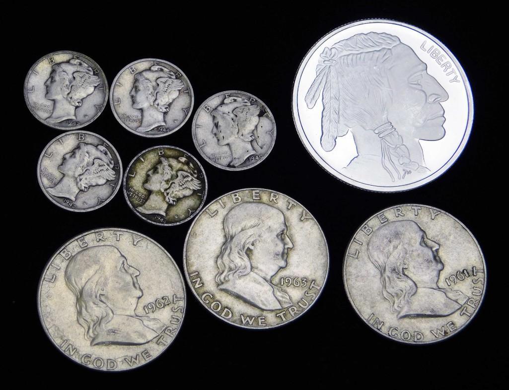 Silver Coin Lot incl 1 oz Silver Round , 3 Franklin (1 of 2)