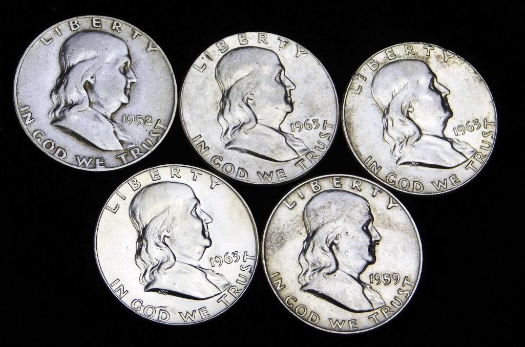 5 Franklin Half Dollars Ex Fine + (1 of 2)