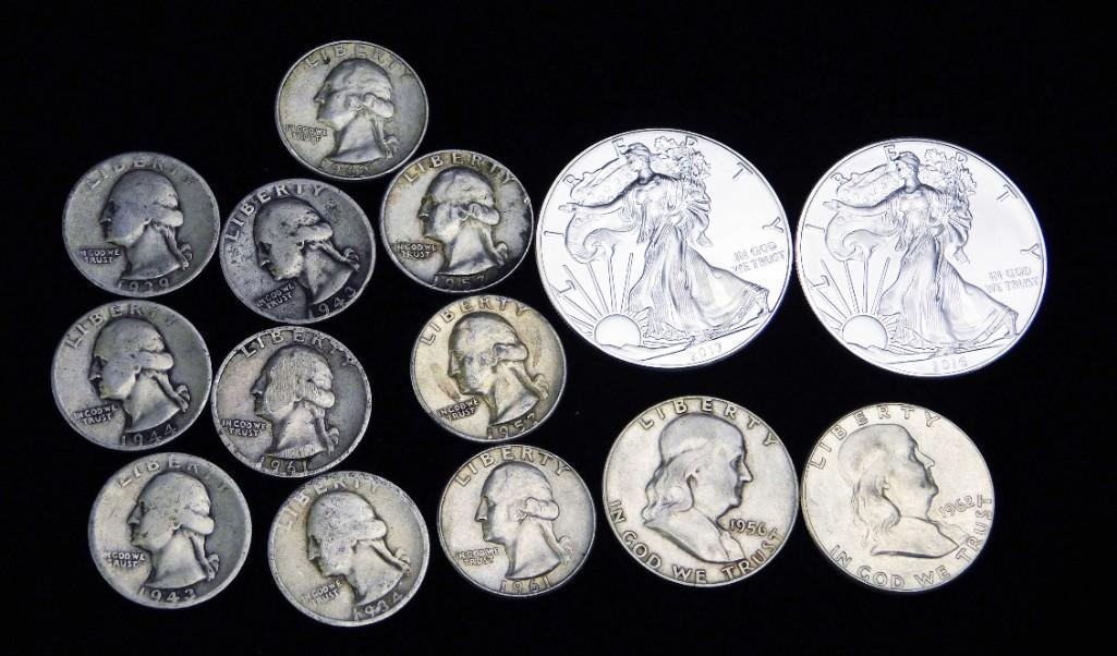 Lot of Silver Coins incl 2 BU American Silver Eagles , (1 of 6)