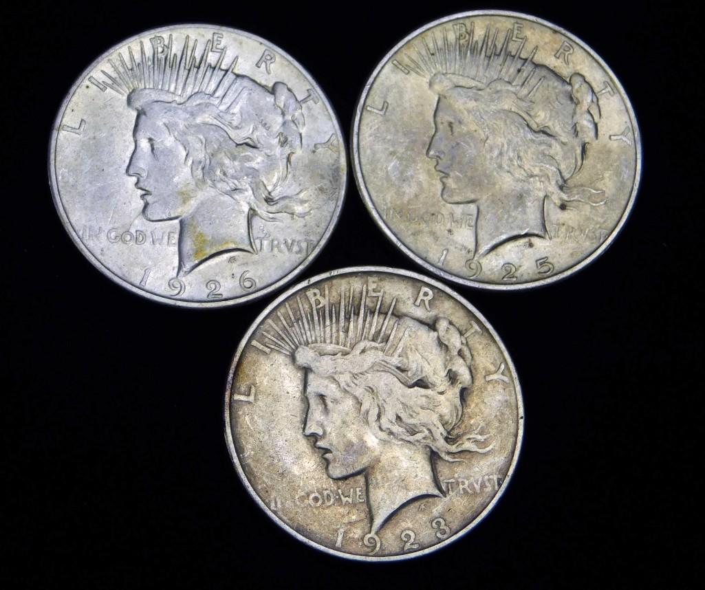 3 Peace Dollars 90% Silver 1923-D , 1926-S , 1925-P (1 of 2)