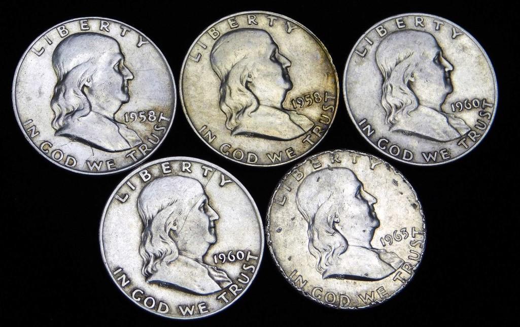 5 Franklin Half Dollars 90% Silver (1 of 2)