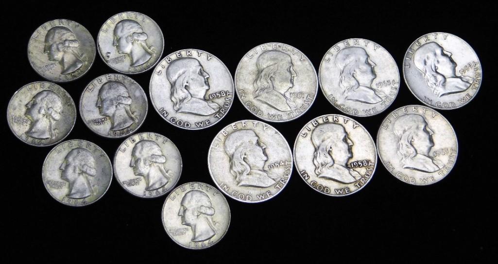7 Franklin Half Dollars and 7 Washington Quarters (1 of 2)