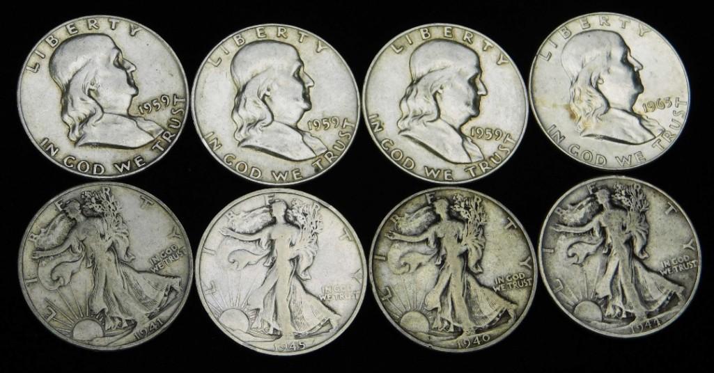 4 Walking Liberty Half Dollars and 4 Franklin Half (1 of 2)