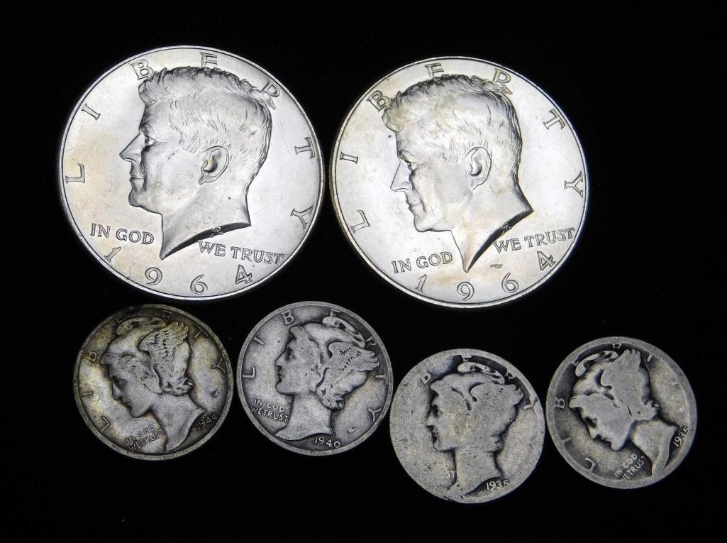 2 BU 1964 Kennedy Half Dollars and 4 Mercury Dimes 90% (1 of 2)